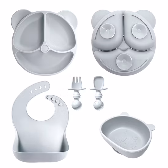 Conjunto de alimentação para bebês de silicone com prato, colher e garfo